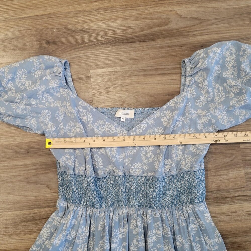 Bohme Dress Women XL Lt Blue Floral Midi Maxi Smocked Puff Sleeve Bohemian Ferns - Picture 5 of 7